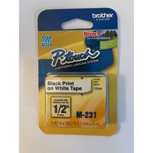 NIB Brother P Touch Tape Black Print on White 1/2”